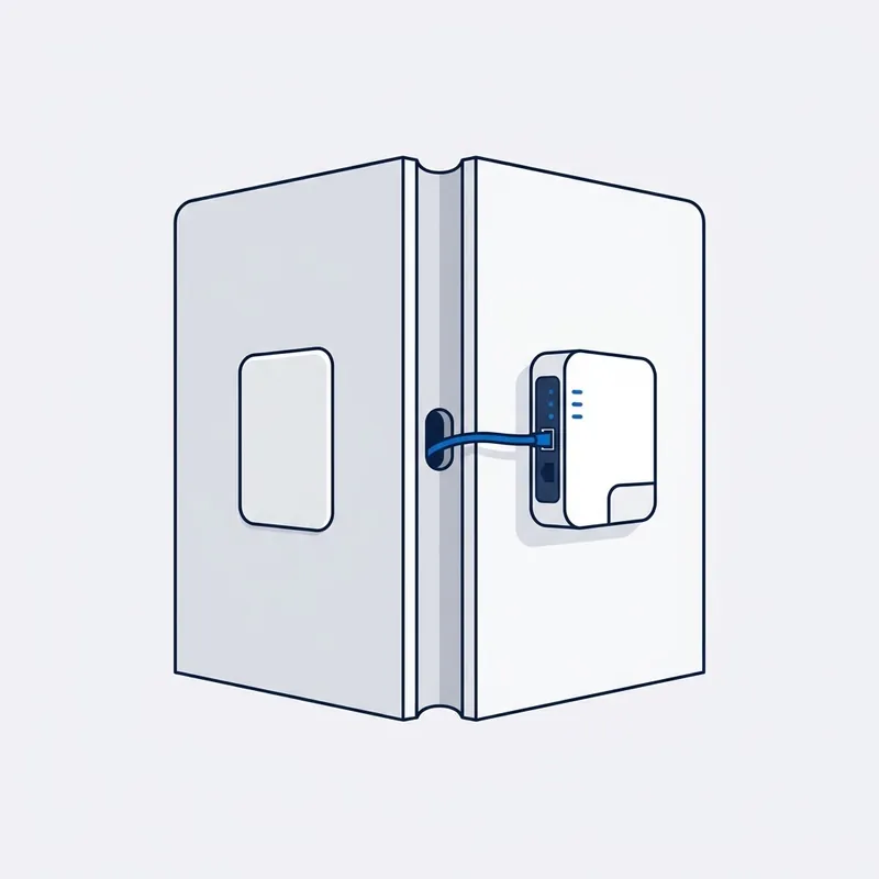 Illustration: a wall seen from its corner, a blank plate on one side and the NBN box on the other with its blue lead coming through the wall