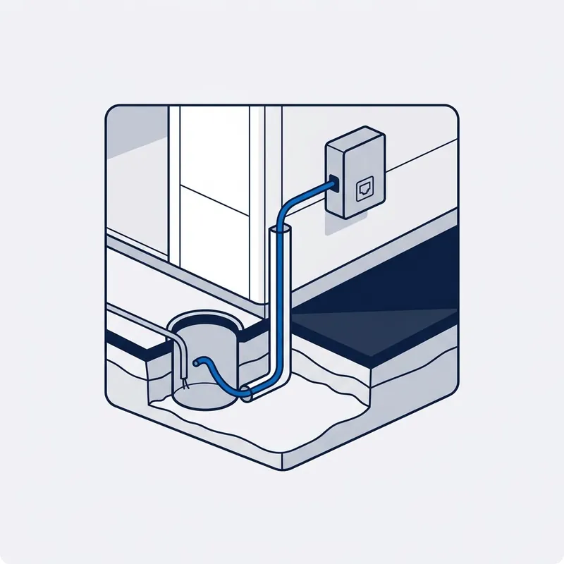 Illustration: a street pit with the lead-in rising out of it in conduit up an outside wall to the outside box on its new position