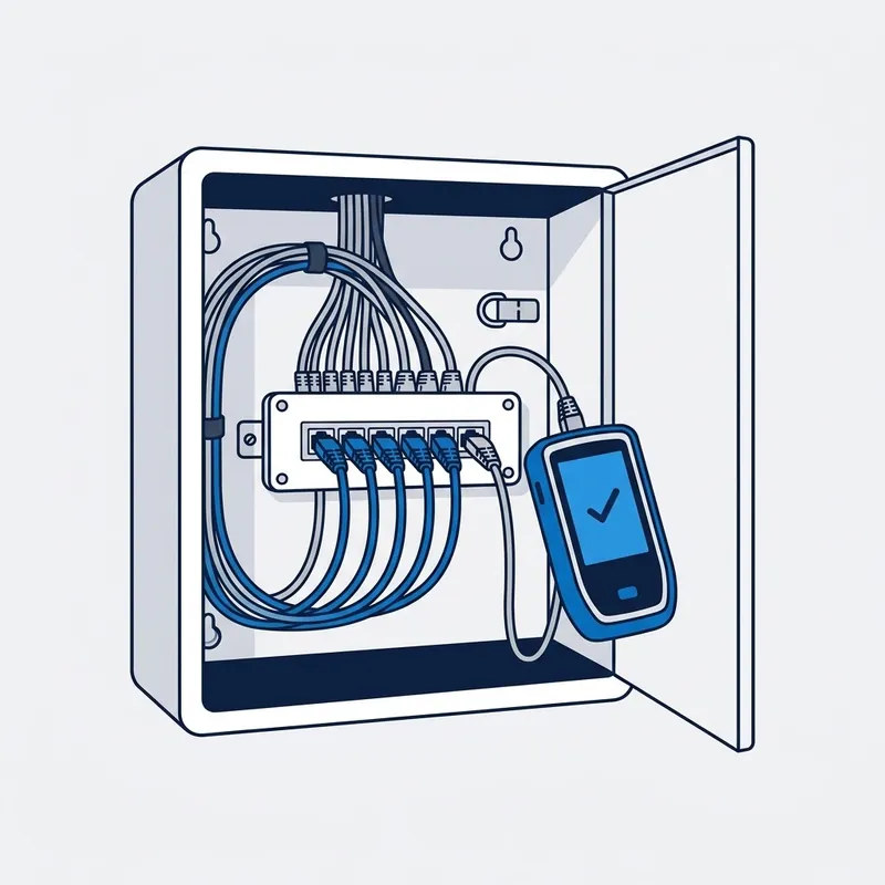 Illustration: an open cabinet with a bundle of cables landing on a patch panel, blue leads in its ports, and a handheld tester showing a tick beside it