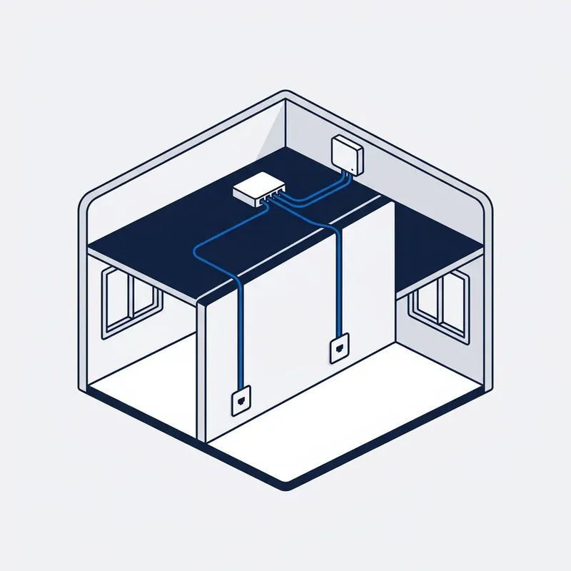 Illustration: a cutaway of two rooms with a small switch in the ceiling space and blue cables dropping to a wall plate in each room