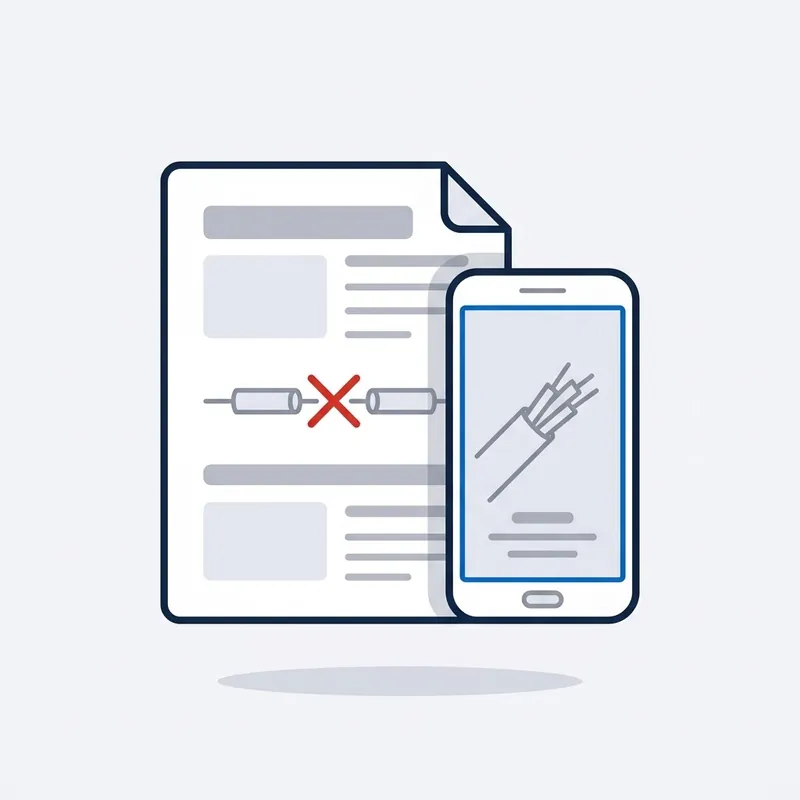 Illustration: a report page with a small diagram of a cable and a red cross at the break, beside a phone showing a photo of the cut cable