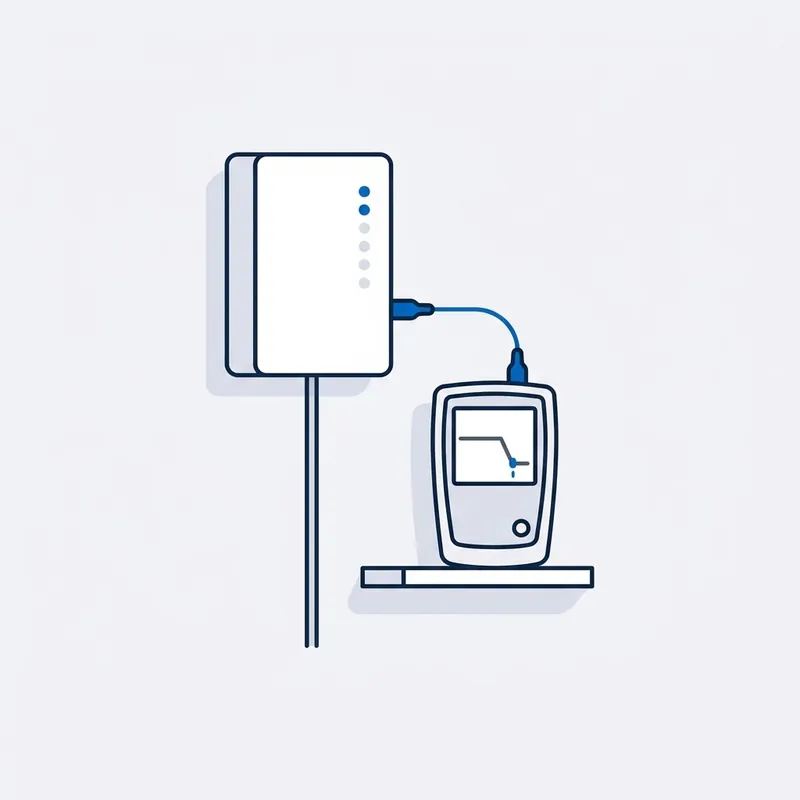 Illustration: a fibre box on a wall with a column of lights, a tester on a shelf below joined to it by a blue lead, its screen trace dropping at a blue mark