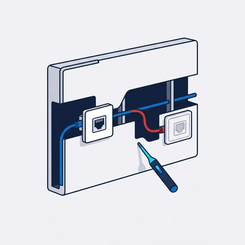 Illustration: a wall cut open to the cable run between two sockets, the broken length of cable in red, a probe held to the wall beneath it