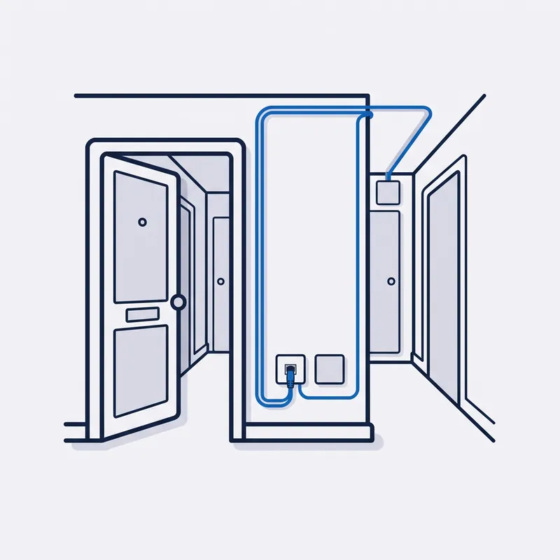 Illustration: a corridor by an open apartment door, a blue cable along the ceiling from a junction box to a new data plate, the old plate blanked beside it.
