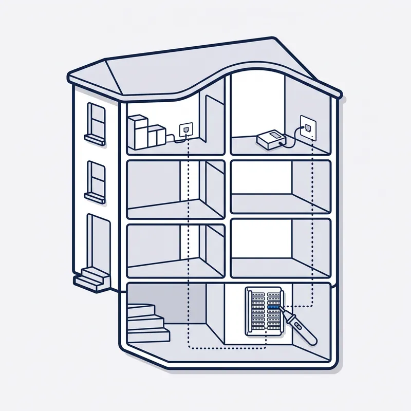 Illustration: a unit block cut open, dotted lines traced from two apartments' wall sockets down the risers to the basement frame, a probe on one pair.
