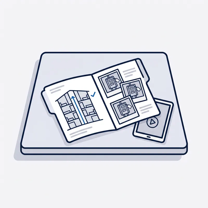 Illustration: an open report on a tablet, a building diagram with a blue tick, three photos of a tagged frame, and a phone beside it with a video ready to play.