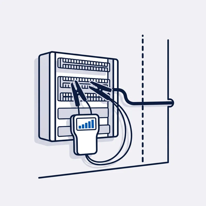 Illustration: a handheld tester clipped to one pair on the frame, its reading in blue, the cable from the street crossing a dashed boundary line beside it.