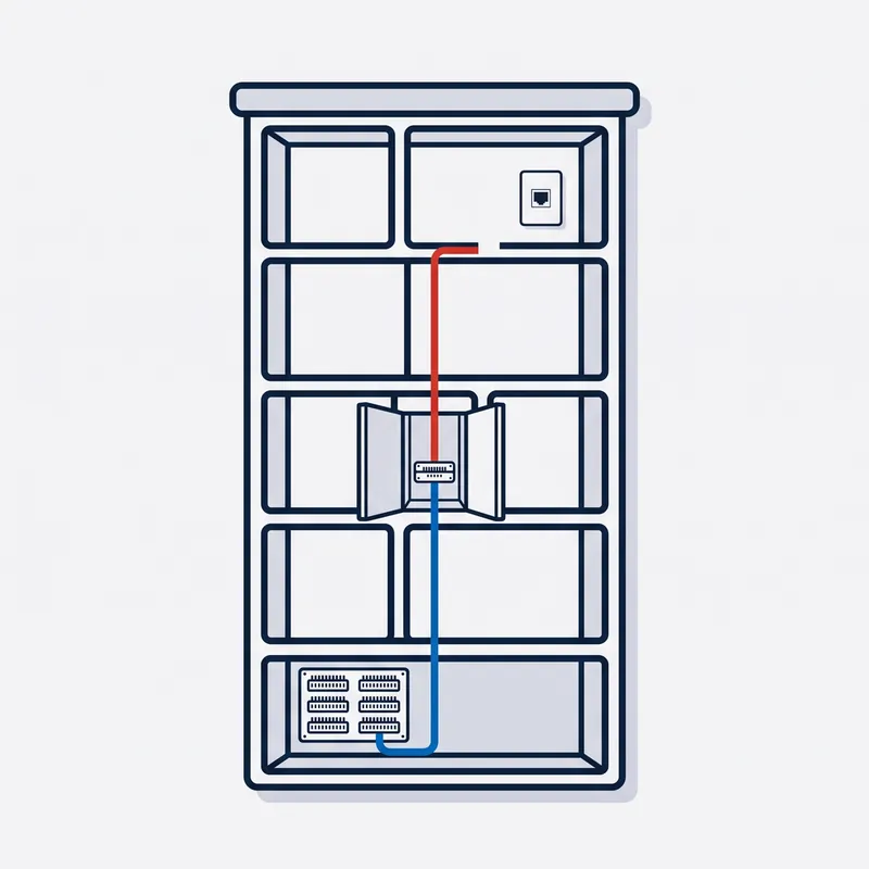 Illustration: a block of units in section, the run blue from the basement frame to the floor frame, then red from there up, stopping short of the top socket.