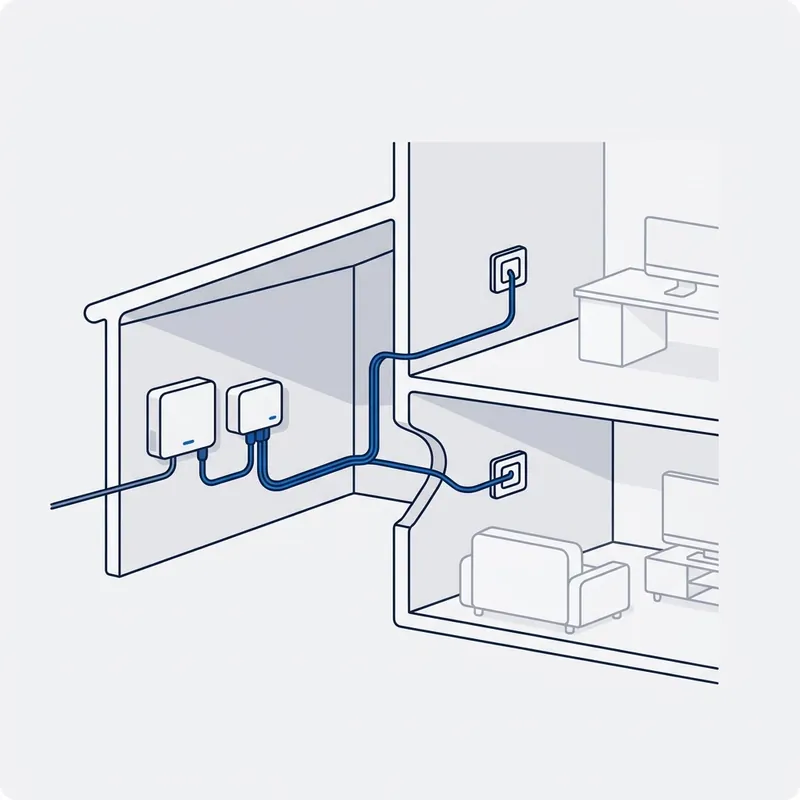 Illustration: the NBN box left where the fibre lands with a second small unit beside it, and blue runs from them to a wall plate on each level of the house