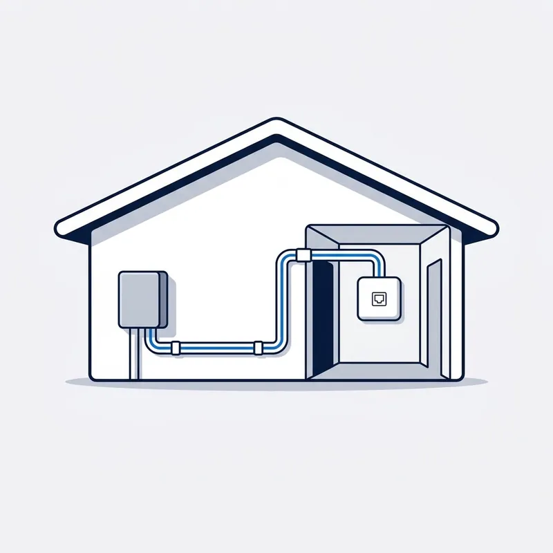 Illustration: the outside box on the front wall and the run carried on from it in conduit along the wall and through to a wall plate in the room inside