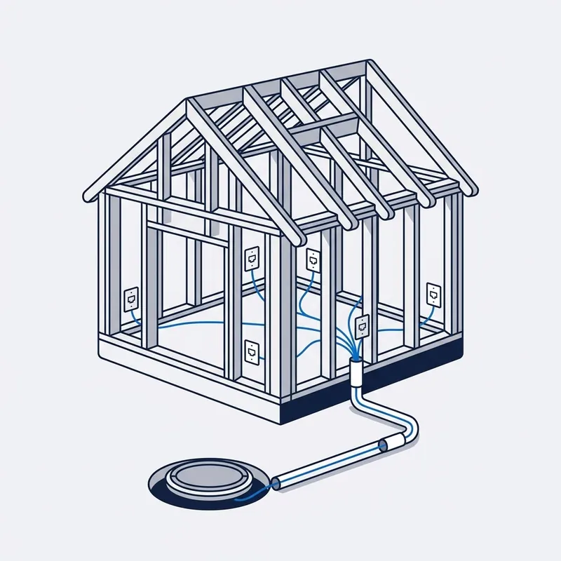 Illustration: a new house at frame stage with the sockets already in the studs, their cables gathered into a conduit that runs out under the floor to a pit