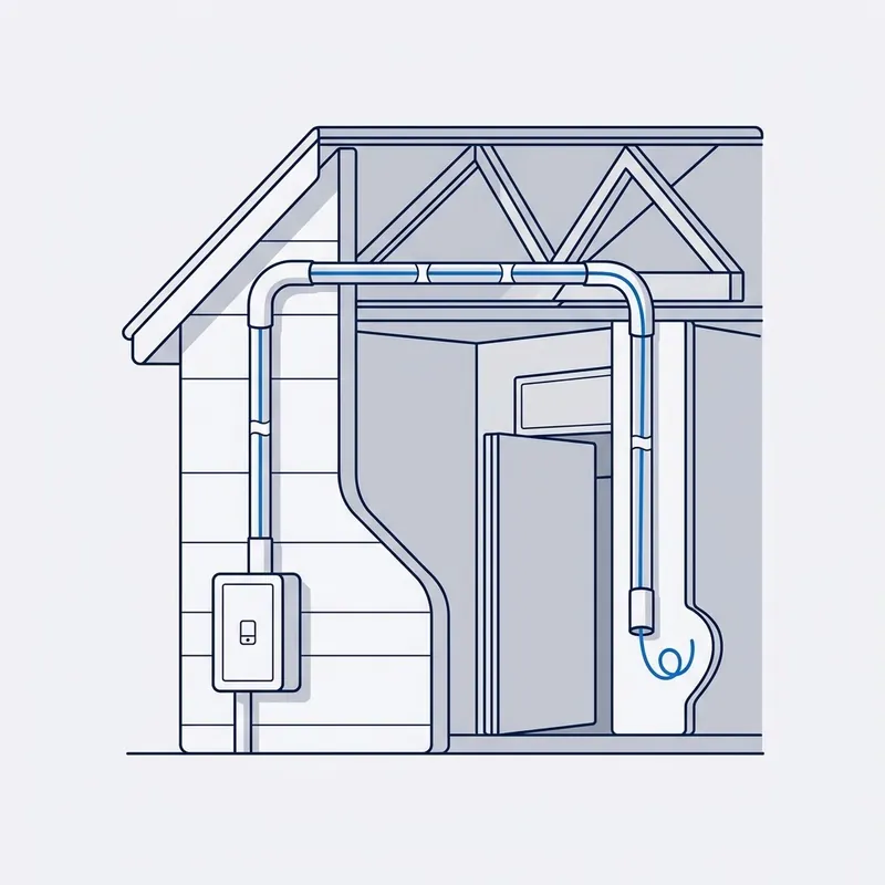 Illustration: a conduit from the outside box position up under the eaves, across the roof space and down into a cupboard, a draw wire hanging out of its end