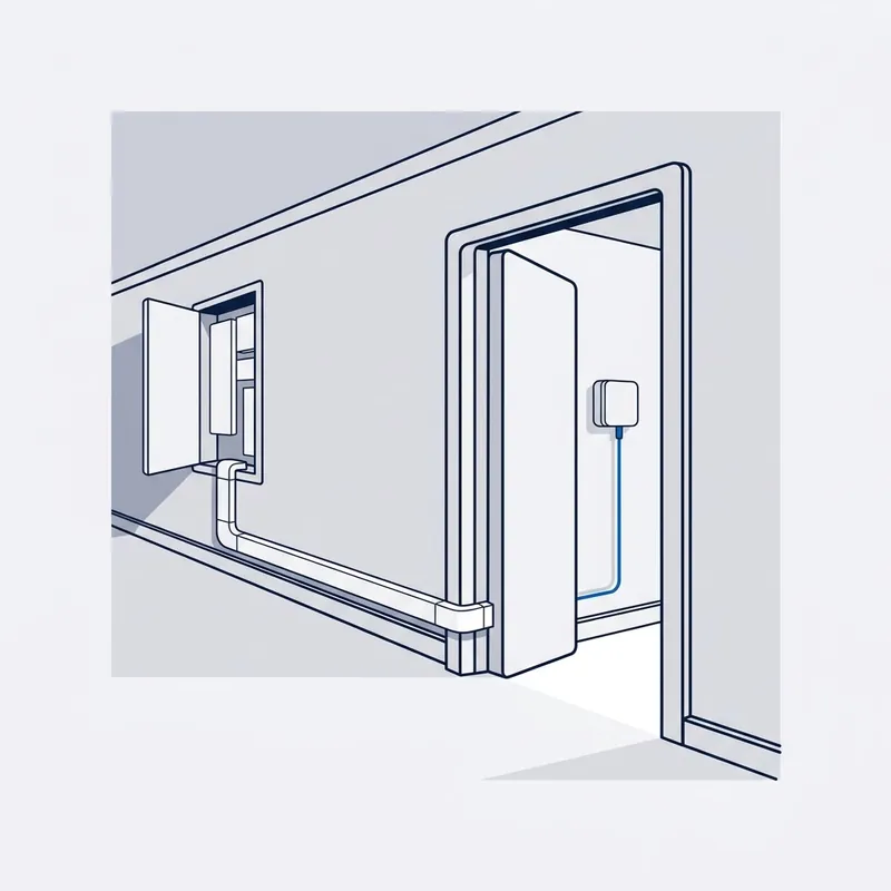 Illustration: a comms cupboard open in a unit block corridor, one lead in conduit along the wall and through an open apartment door to the box inside