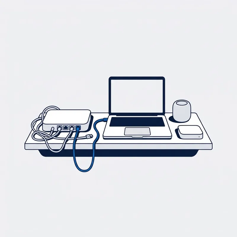 Illustration: a laptop on a desk plugged straight into the router by a blue cable, the router's other leads unplugged and hanging, a speaker set to the side