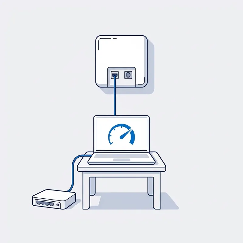 Illustration: a laptop on a table wired to the NBN box on the wall above it, its screen a speed gauge, and the router set aside on the floor on its own lead