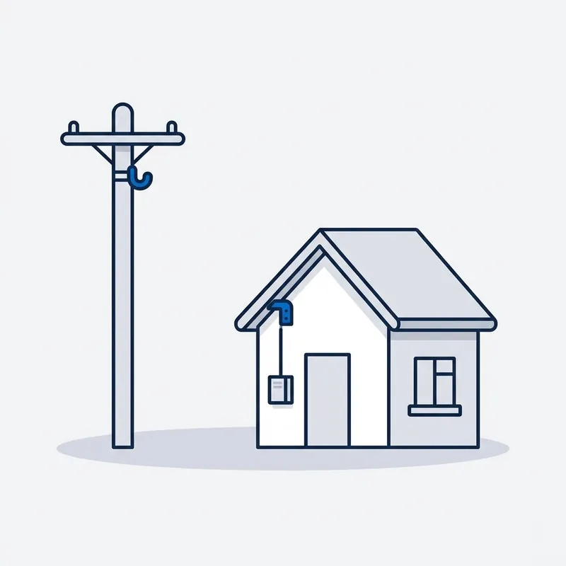 Illustration: a blue hook near the top of a pole and a matching blue fixing under the eave of a house, with a small wall box on the wall below