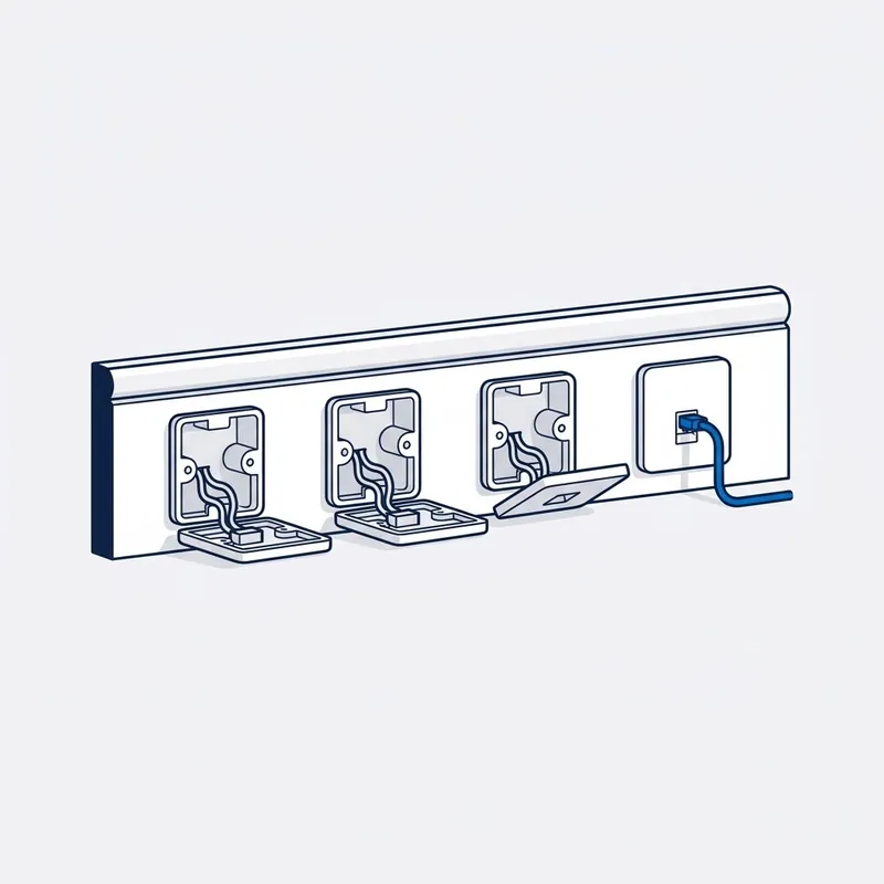 Illustration: four phone sockets along a skirting, three opened with their plates off and their wires lifted, and the fourth still in use with a blue lead in it