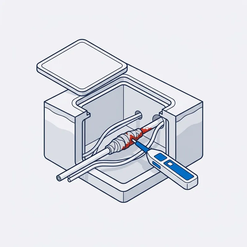 Illustration: a pit with its lid off, the cable joint inside it damaged in red, and a tester held to the joint