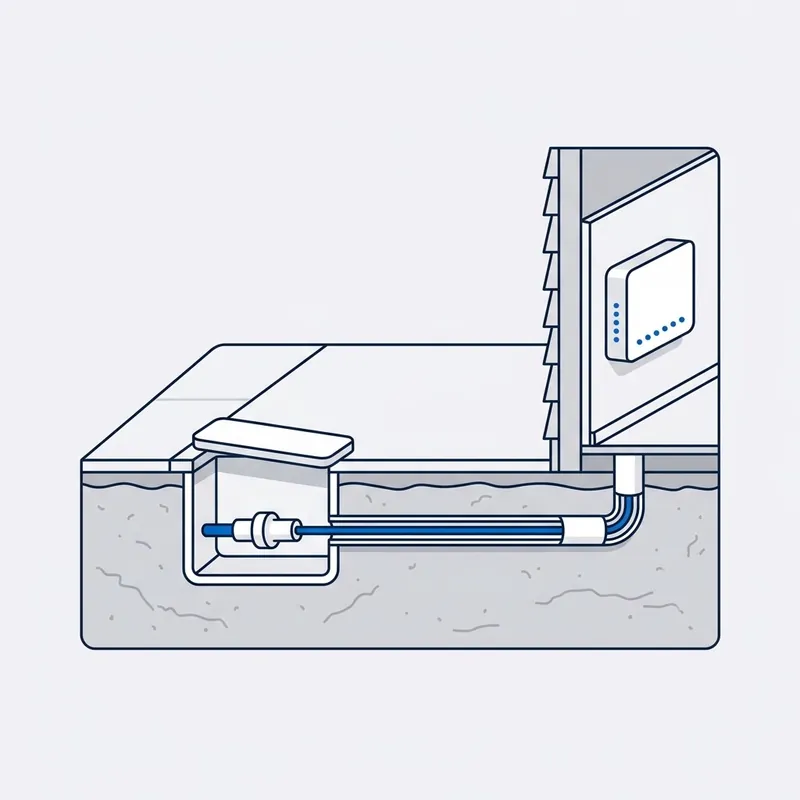 Illustration: a section from the pit to the house, the repaired blue cable in conduit under the ground and up to the NBN box inside with its lights on