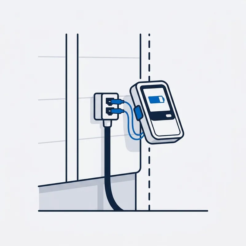 Illustration: a handheld tester clipped by blue leads into the box on the outside wall, the lead-in running into the ground, a dashed boundary line beside it