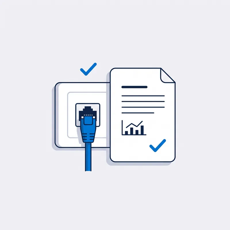 Illustration: a wall socket with a cable plugged in, beside a written report page with a chart and two ticks