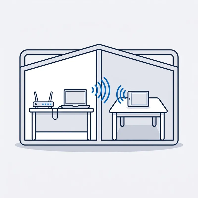 Illustration: a router with its lights lit blue and a laptop plugged into it by a cable in one room, with wifi arcs reaching a tablet in the next