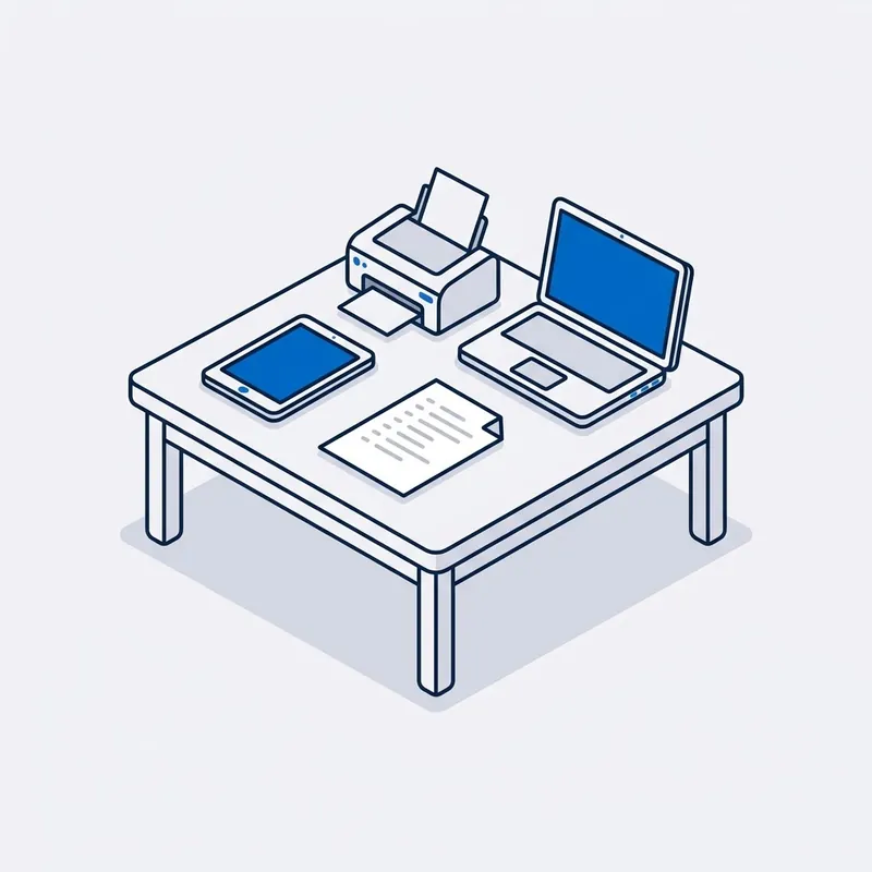 Illustration: a handwritten list on a kitchen table with a laptop, a tablet and a printer set out around it