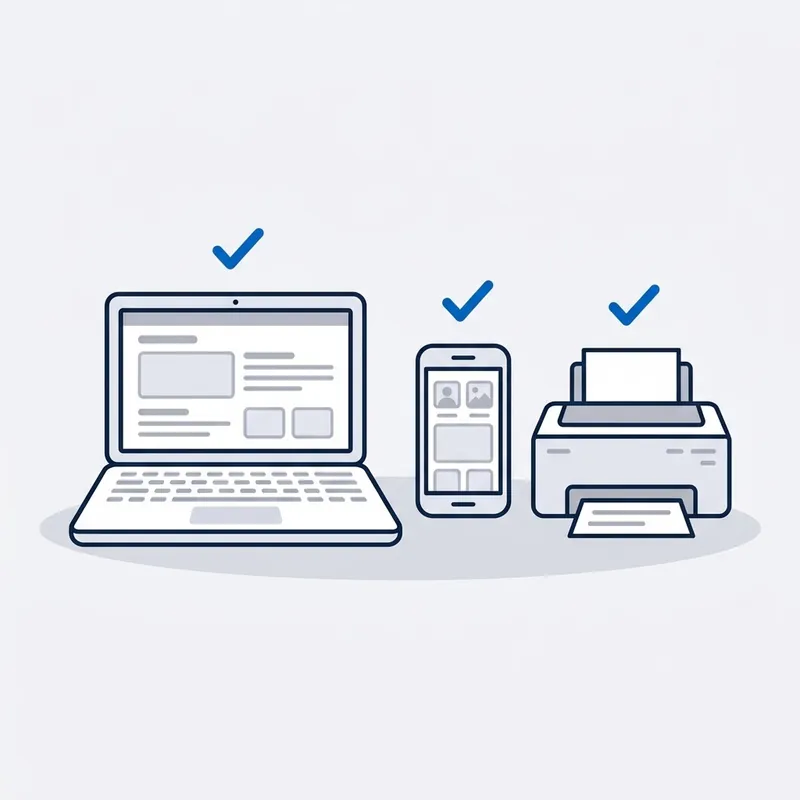 Illustration: a laptop, a phone and a printer in a row, each with a small blue tick above it