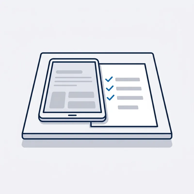 Illustration: a tablet on a table with a short written checklist beside it, three of its lines ticked in blue