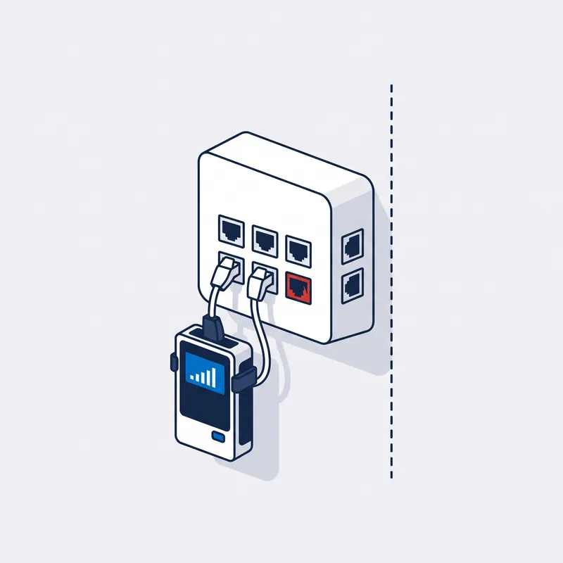 Illustration: an NBN connection box on the wall with a handheld line tester clipped into two of its ports, and a dashed boundary line beside it
