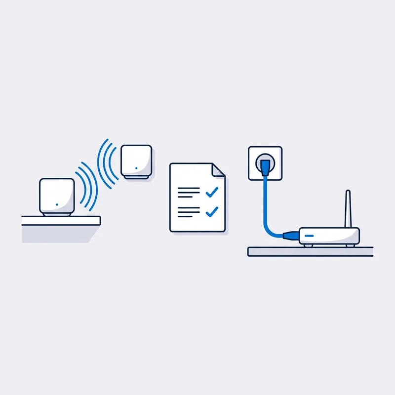 Illustration: two mesh units linked by blue arcs, a wall outlet cabled to an access point, and a quote page with two blue ticks between them
