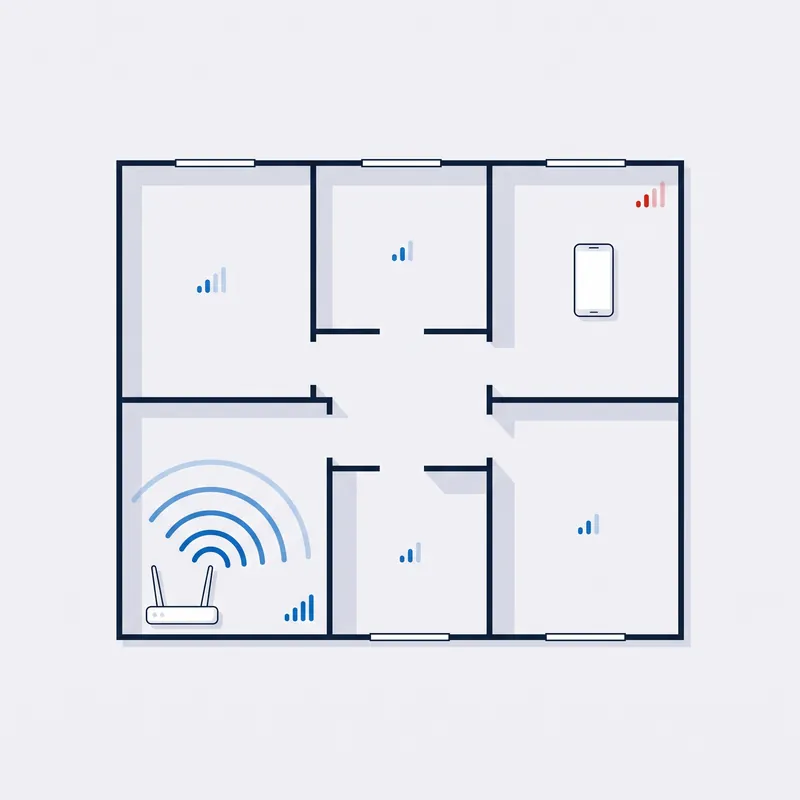Illustration: a floor plan from above, the router in one corner with blue arcs, the signal bars in each room fading with distance and red in the far room