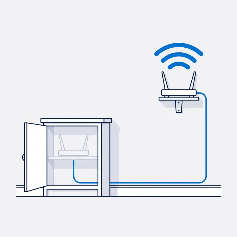 Illustration: a router shut in a cupboard, and a blue cable running along the skirting to the same router remounted in the open with strong blue WiFi arcs