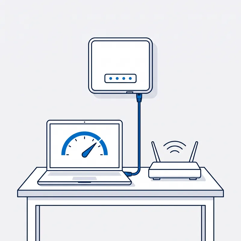Illustration: a laptop wired by a blue cable to the NBN box on the wall, its speed gauge reading high, and the router beside it sending out blue WiFi arcs