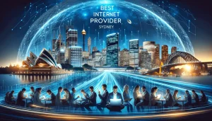 A sleek, modern advertisement-style image for the title 'Best Internet Provider Sydney'. The image features a futuristic cityscape of Sydney with icon