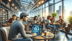 Internet Speed Test'. The scene showcases a diverse group of individuals in a modern cafe
