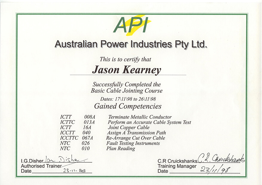 Telstra Jointing Certificate